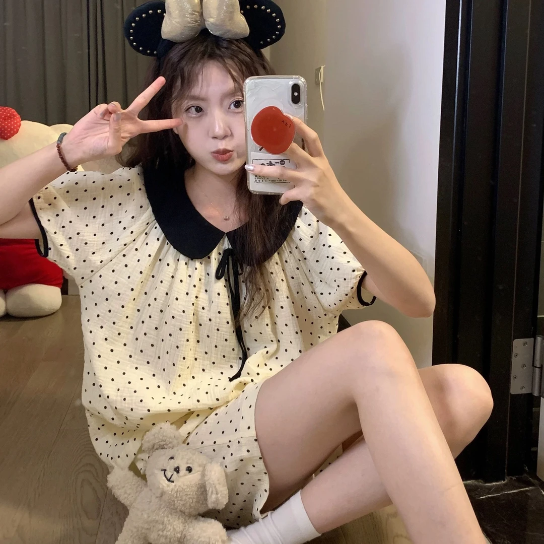 日系甜美波点夏季短袖睡衣女可爱气质娃娃领云朵棉少女家居服套装