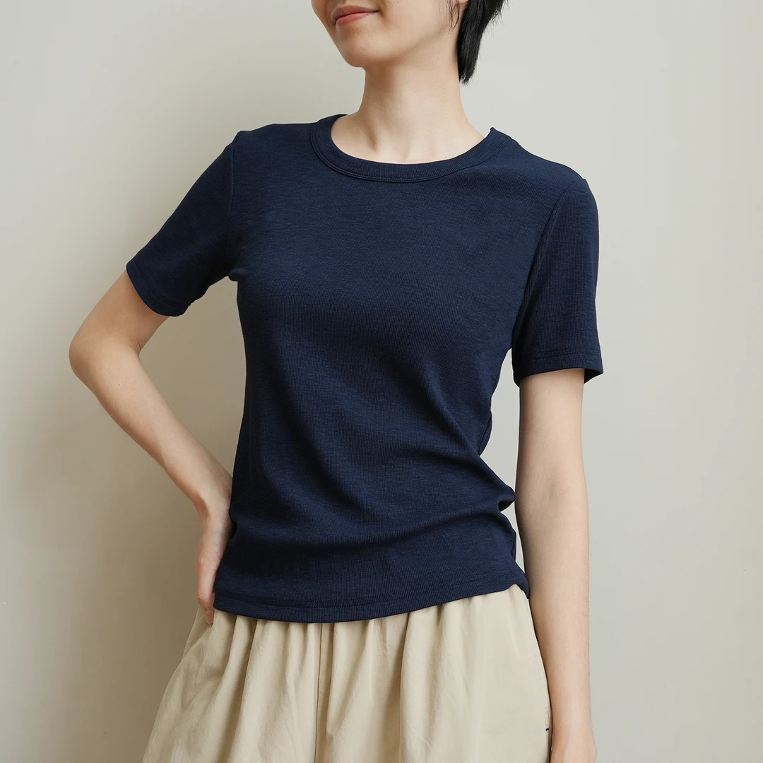 女士圆领短袖 罗纹修身T恤衫 正肩纯色上衣 夏款女装 2522189