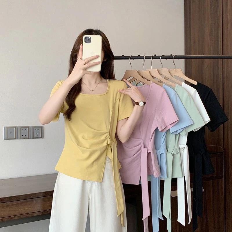 不规则绑带U领正肩短袖T恤女2025新款夏季时尚高级小众不撞款上衣