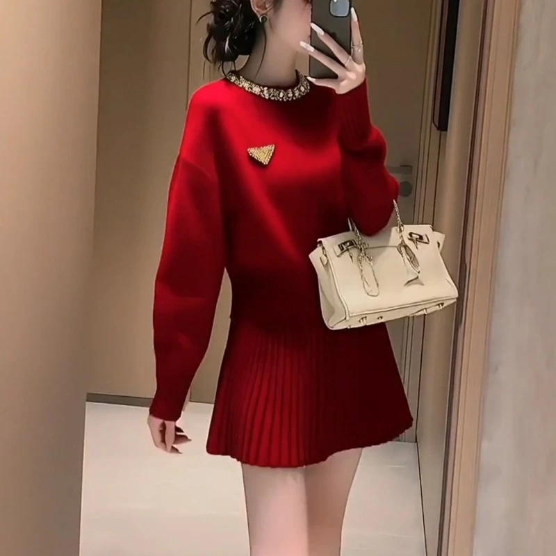 MARIE.COCO小香风红色针织套装女秋冬高级感穿搭上衣半身裙两件套