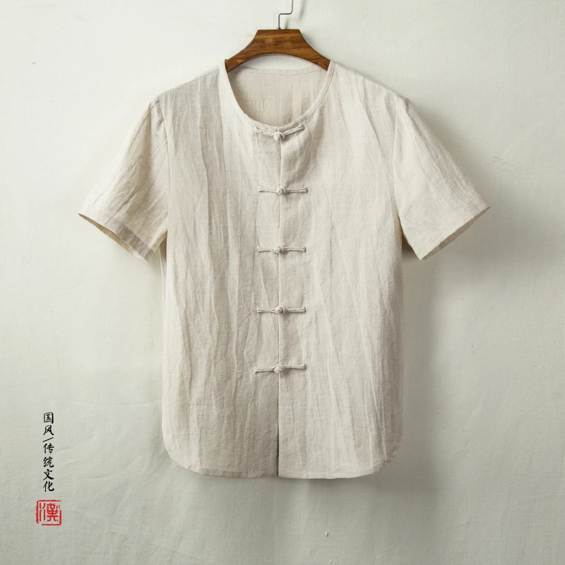 春夏新款中国风男装棉麻男士圆领唐装短袖衬衫衬衣