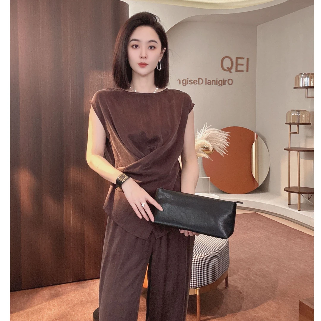 MORELAN2025原创优雅大气一字领绑带上衣+直筒休闲裤两件套252225