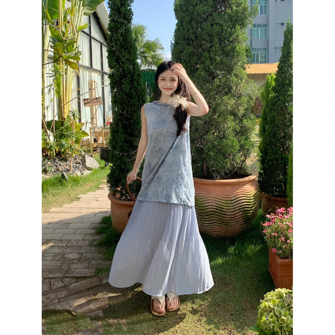 2025新款度假风小众假两件拼接无袖连衣裙女夏季法式碎花减龄长裙