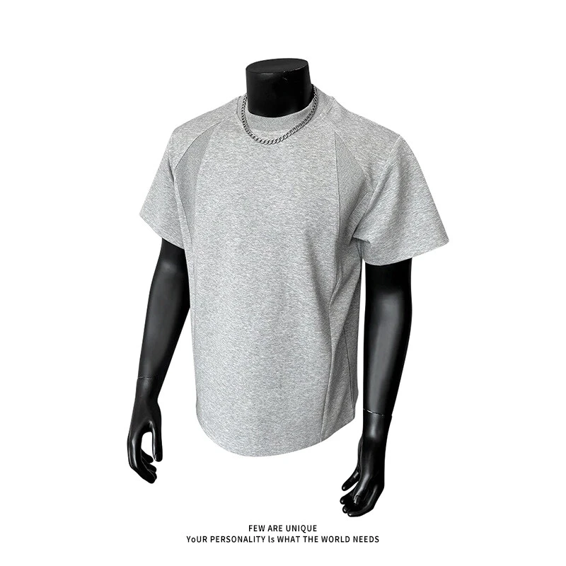 浅灰色重磅太空棉t恤男款夏季美式拼接boxy版型短袖正肩硬挺半袖