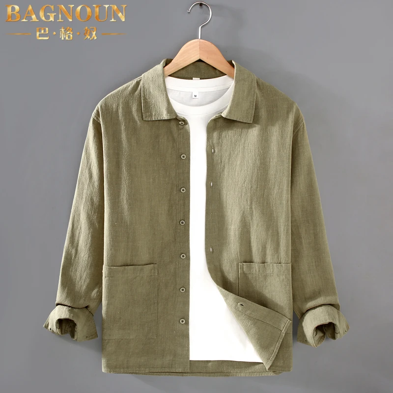 巴格奴亚麻夹克男士春秋新款时尚高端纯色宽松休闲百搭棉麻料外套