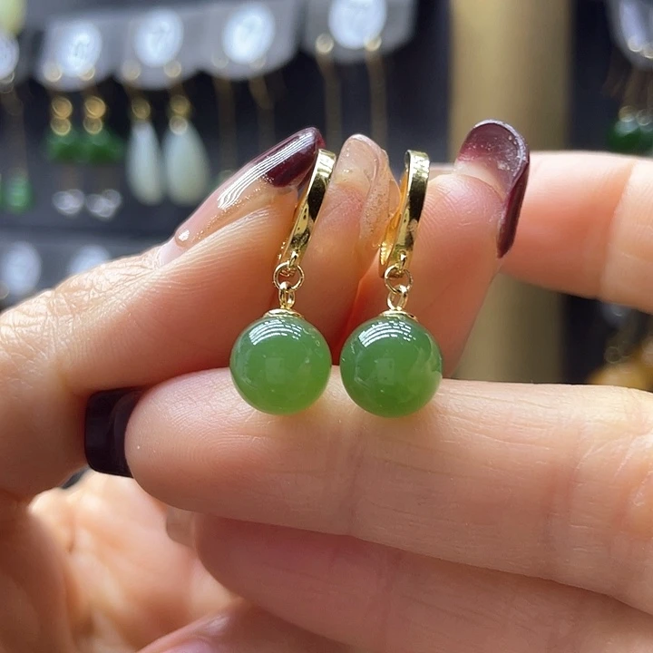 和田玉耳饰银S925镀金镶嵌