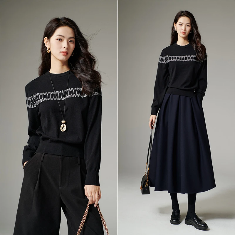 【新品】2025 设计感 慵懒风 百搭圆领含绵针织衫女25062885