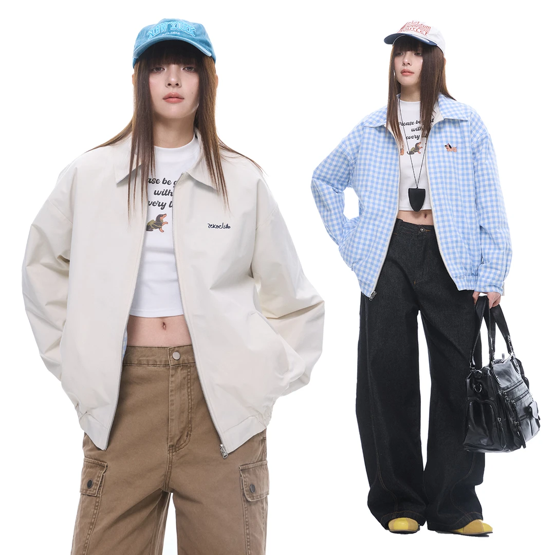 ZEXO miu系美式复古双面穿刺绣小狗色格纹休闲翻领夹克外套