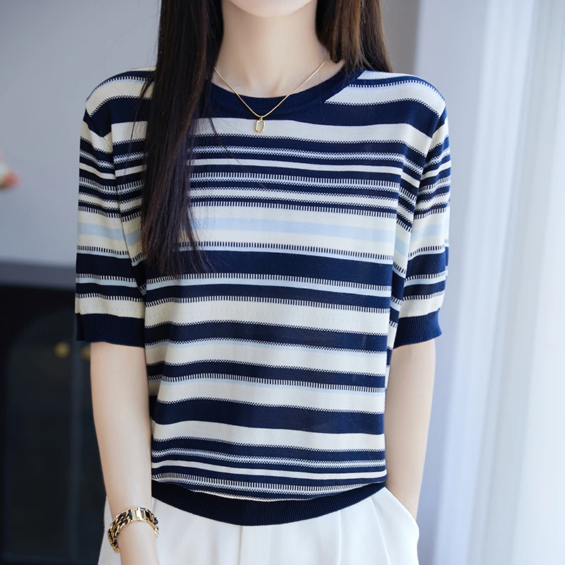 哥弟阿玛施正品夏季薄款针织衫T恤时尚圆领条纹短袖宽松休闲上衣