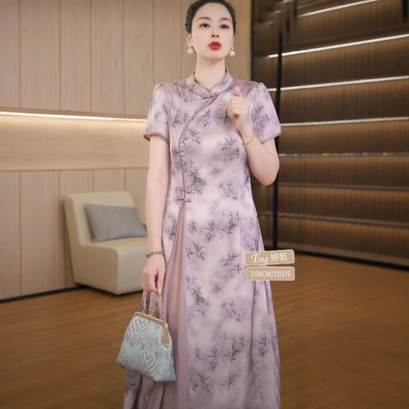 时尚妈妈夏装连衣裙中年女装气质改良旗袍中老年洋气短袖裙子