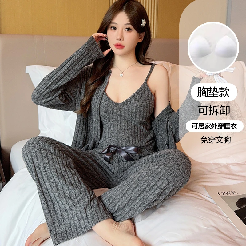 【星】带胸垫睡衣女春秋季新款吊带长袖三件套装性感家居服4086