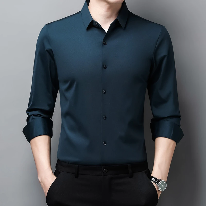 春季新款无痕衬衫男长袖高档垂感商务休闲中年男士免烫衬衣爸爸装