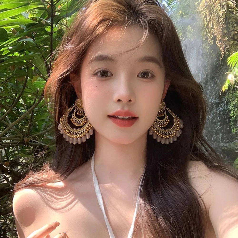 铜合金耳饰 钟楚曦同款波西米亚复古镂空耳环民族风铃铛流苏耳饰