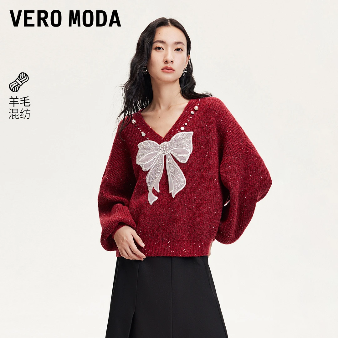VeroModa针织衫【冬日恋人】蝴蝶结亮片钉珠微胖显瘦上衣325113051