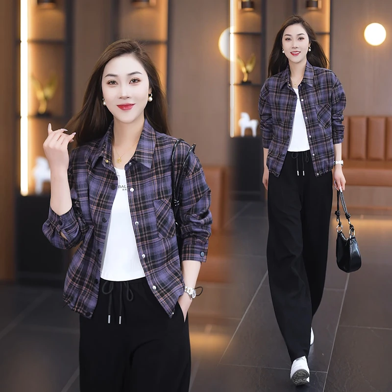 春装长袖格子衬衫女2025年新款短款上衣外穿开衫春款显瘦女士外套