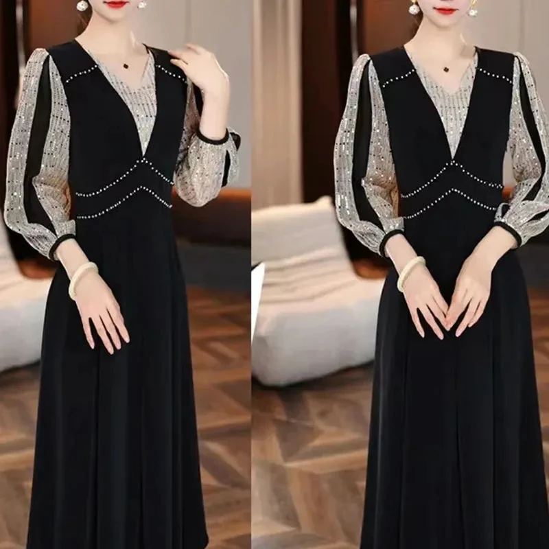 2025秋季爆款时尚通勤显瘦遮肉洋气轻奢设计感亮片拼接长袖裙子潮