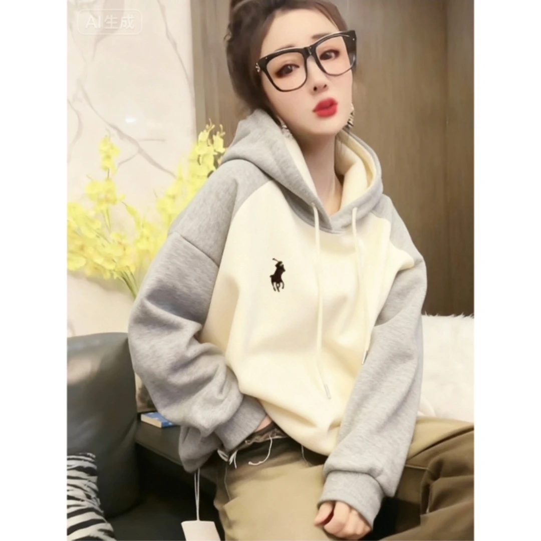 撞色连帽卫衣女2025新款秋冬宽松慵懒风套头拼接设计感百搭上衣