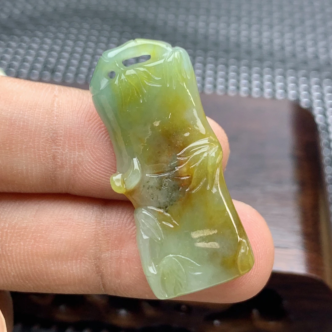 缅甸天然A货翡翠黄翡精美小竹节节高升挂件吊坠红糖色挂坠宝宝