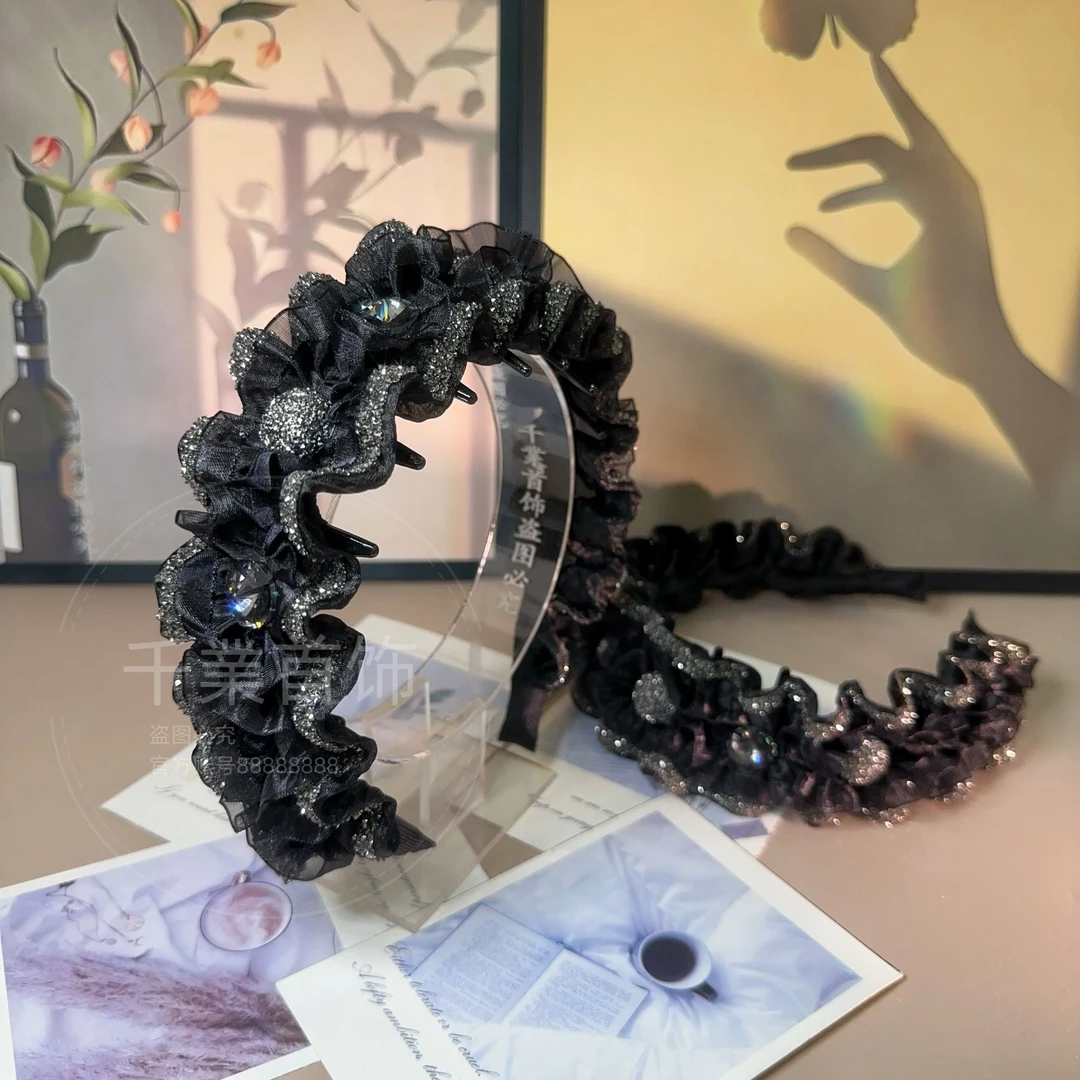 䌣。韩版黑色泡泡纱双层百搭手工镶钻气质网红加大版发箍T0918