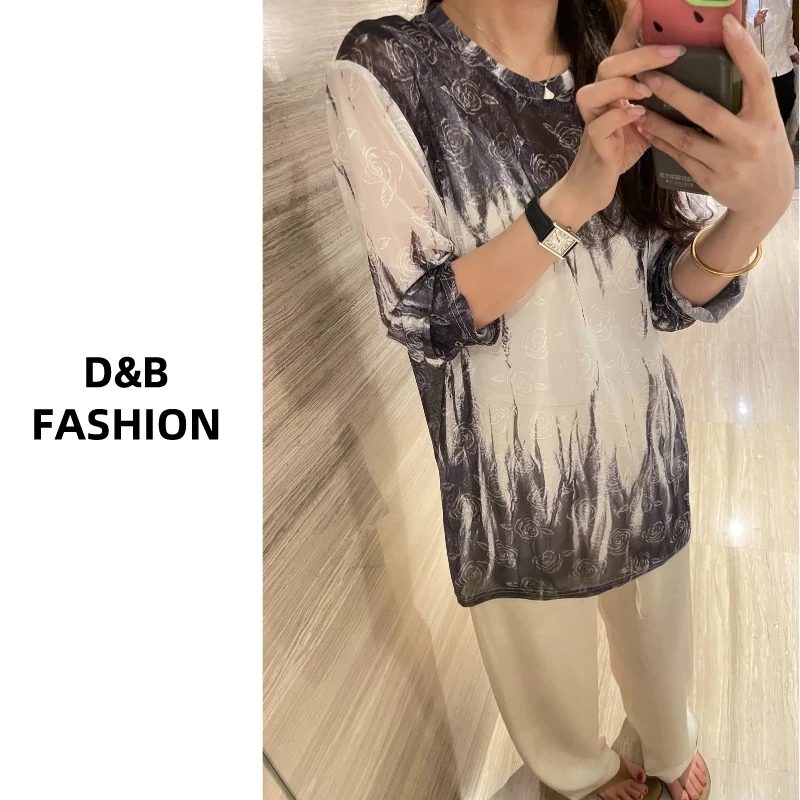 水墨晕染圆领套头网纱冰丝薄款宽松打底T恤衫