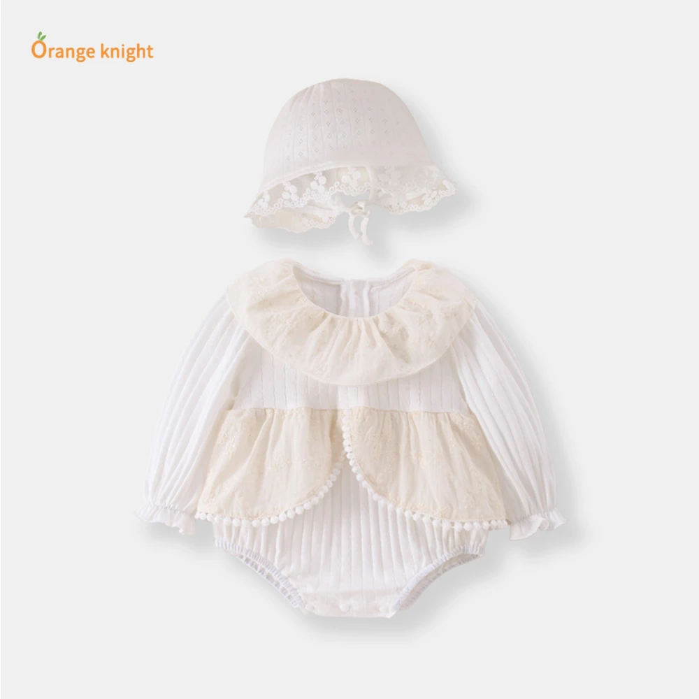 新生儿周岁满月童装爬服交叉薄纱荷叶领长袖女宝宝洋气时尚包屁衣