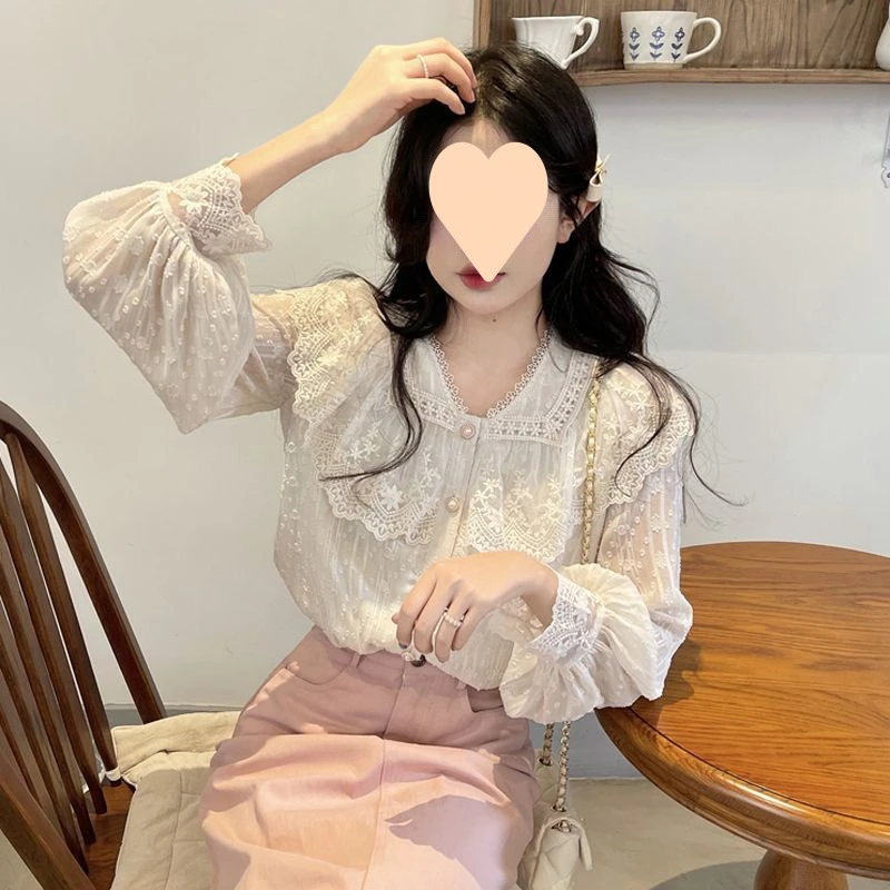 新款复古气质衬衣长袖甜美开衫女装春秋季穿蕾丝衬衫