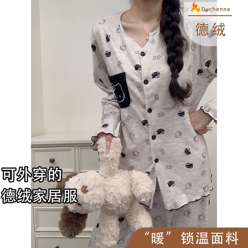 秋冬季爆款德绒长袖睡衣女款日系卡通加绒加厚保暖家居服两件套装