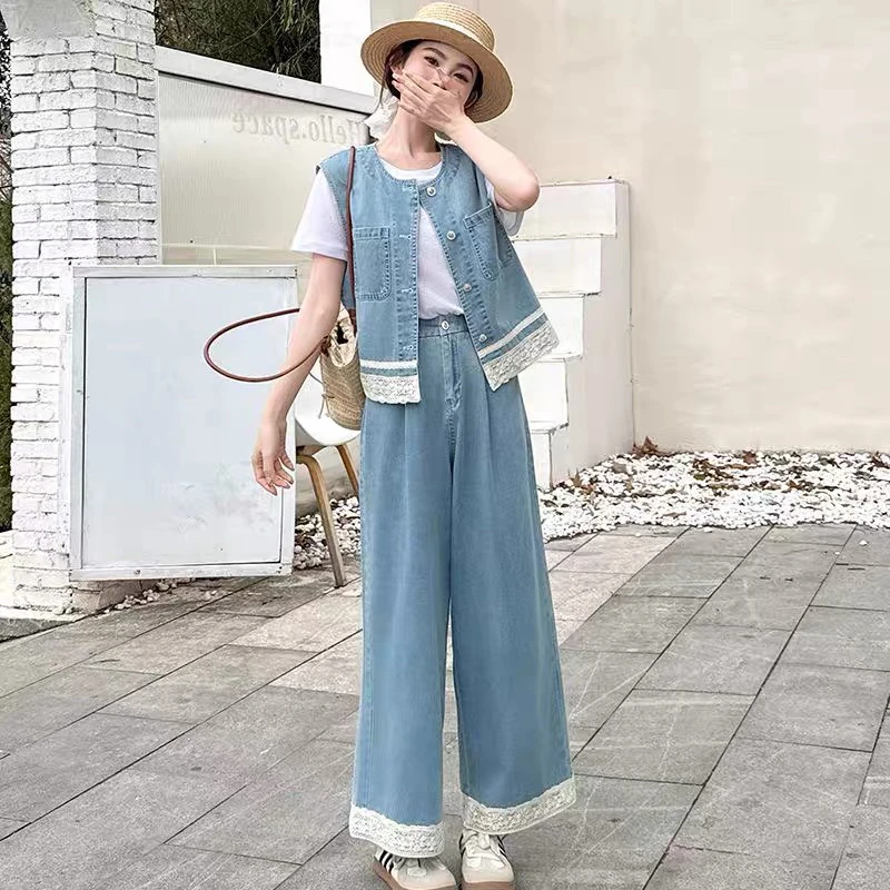 82 夏季新款时尚套装女蕾丝拼接牛仔马甲阔腿裤气质两件套