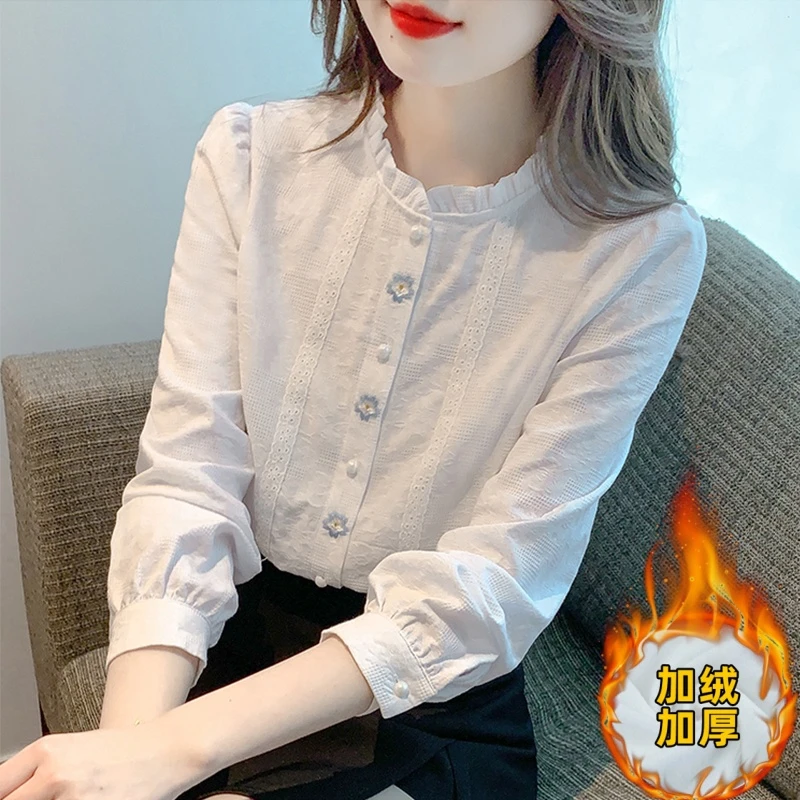 100%棉 法式立领长袖衬衫女木耳边秋冬新款一体绒纯棉加绒上衣