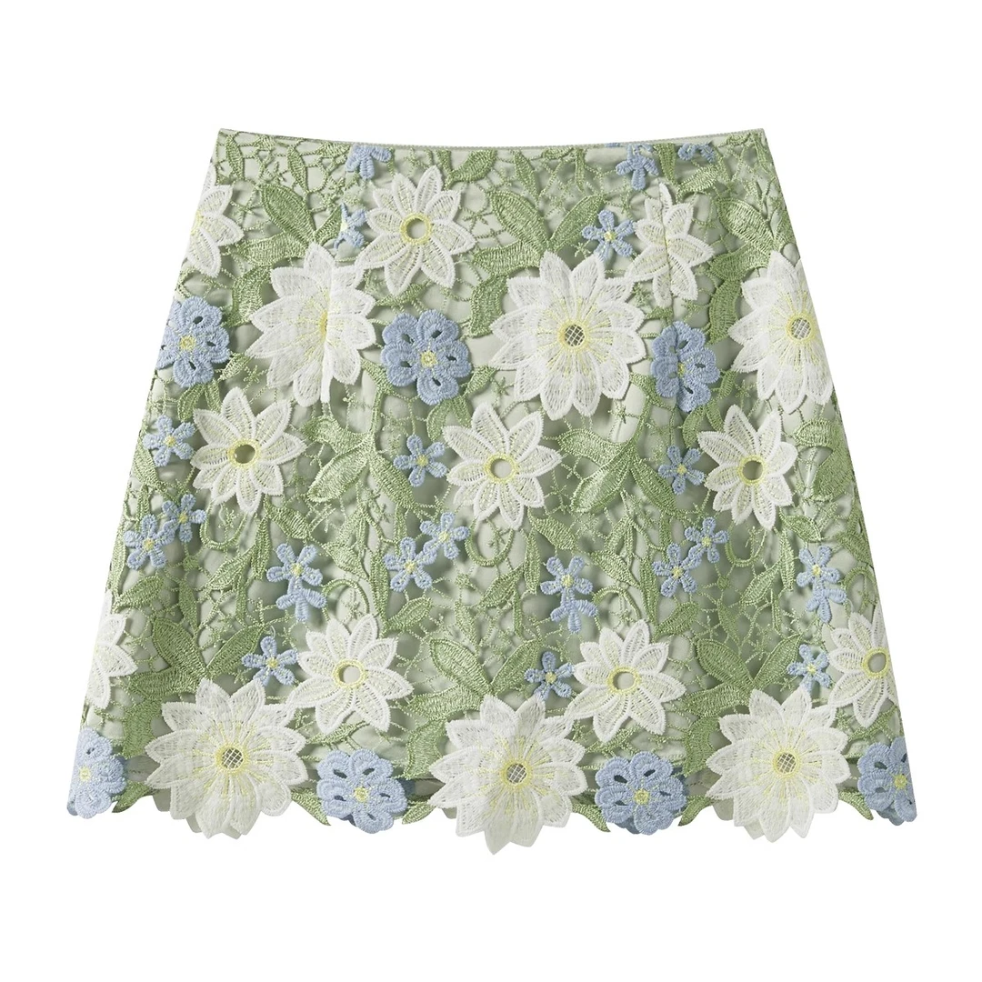 羊城故事-蓝白花气质修身镂空花朵半身裙绿色刺绣短裙Y50248948
