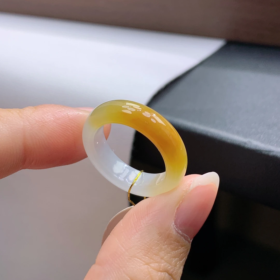 11-12号圈天然缅甸翡翠A货白底黄翡翠戒指16.4mm