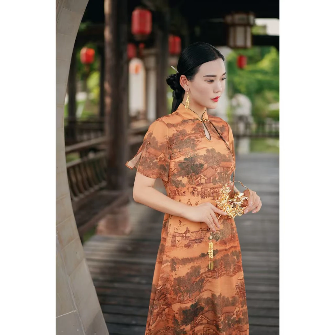 清明上河图 | 高开衩日常短袖斜襟旗袍中国风中长款慵懒风