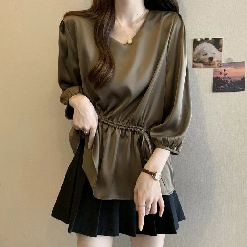 2025时尚百搭七分袖V领打底衬衫女夏装大码胖mm显瘦高级设计感女