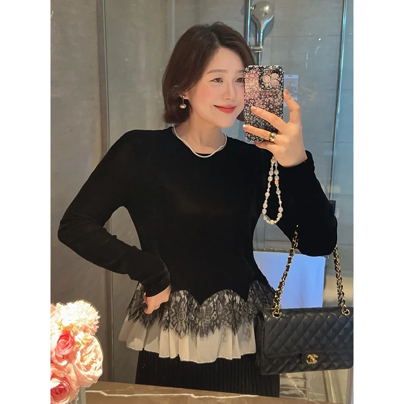 【DIS 定制】【晚香花境】秋冬气质丝绒拼接蕾丝荷叶边衬衫Z525X14875