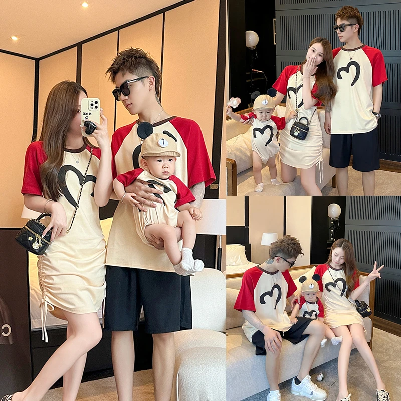 亲子装2025夏装新款插肩拼接短袖T恤儿童婴童爬服连体衣夏季7160