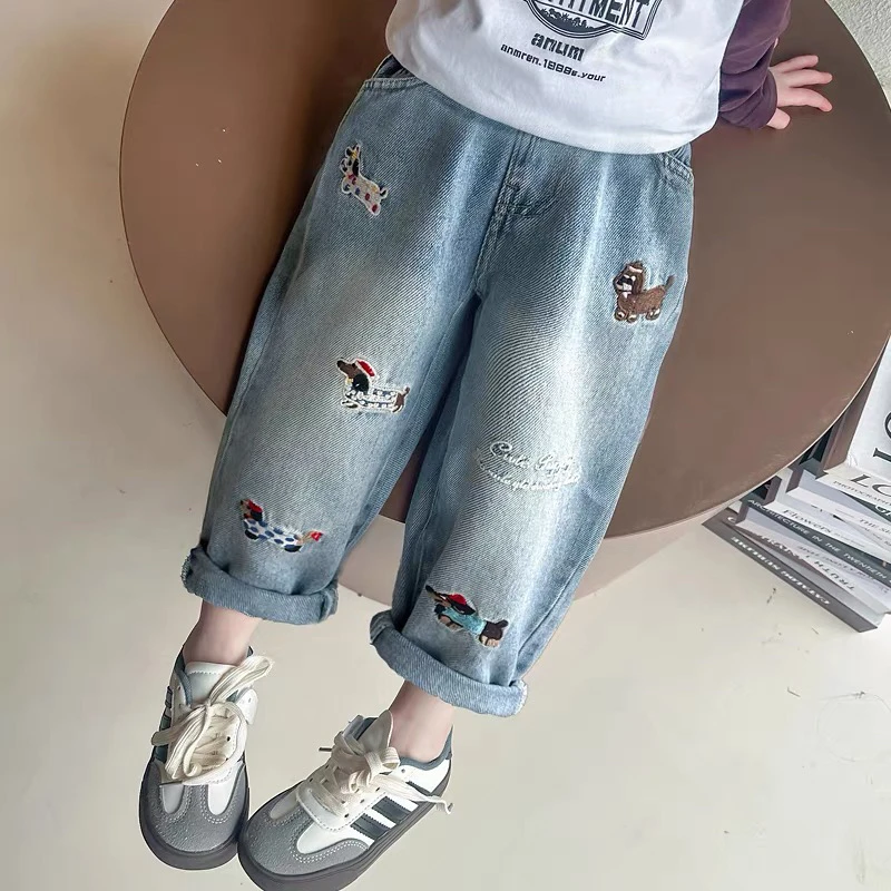 女童牛仔裤春秋2025新款时髦洋气女孩春装老爹裤春款儿童刺绣裤子