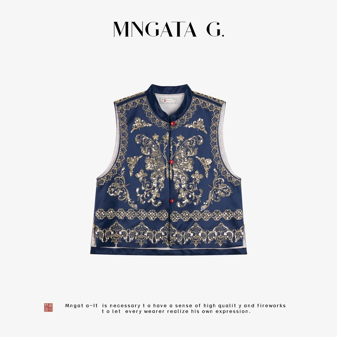 MNGATA G.宫小妍【盘金绣·蝶舞金辉】醋酸秋冬珠片绣马甲5070457