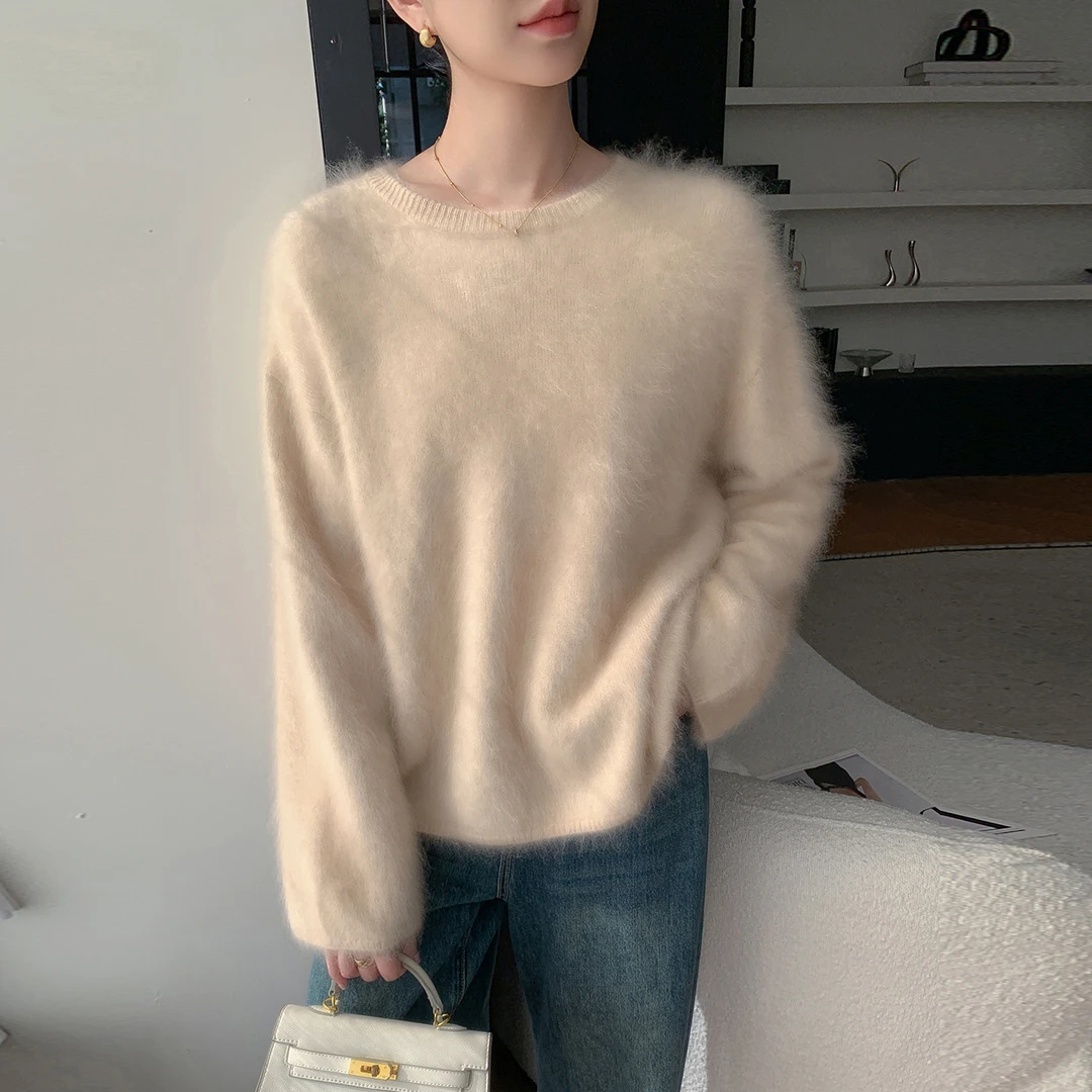 秋冬季羊毛衫女时尚拉绒圆领纯色打底毛衣宽松休闲拉毛上衣DJI601