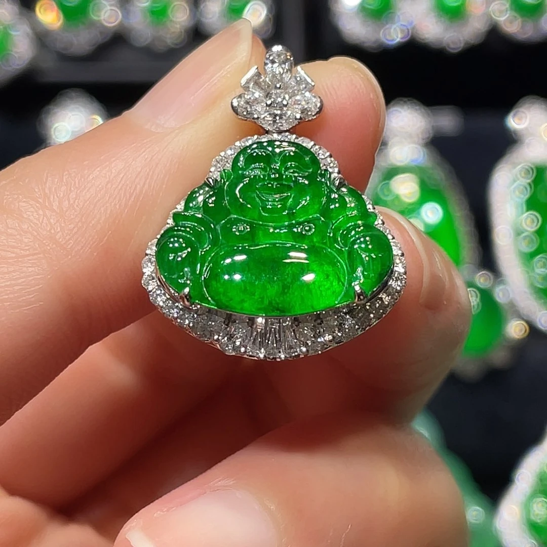 翡翠吊坠(不含链)18K金镶嵌佛公