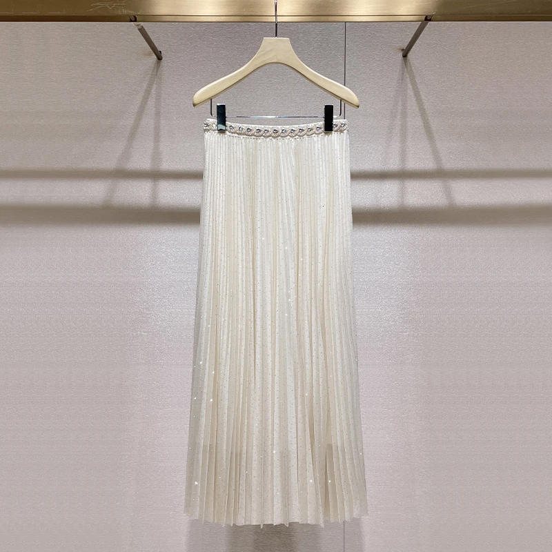 名媛气质百褶纱裙2025夏新款重工钉珠镶钻高腰A字长裙烫钻半身裙