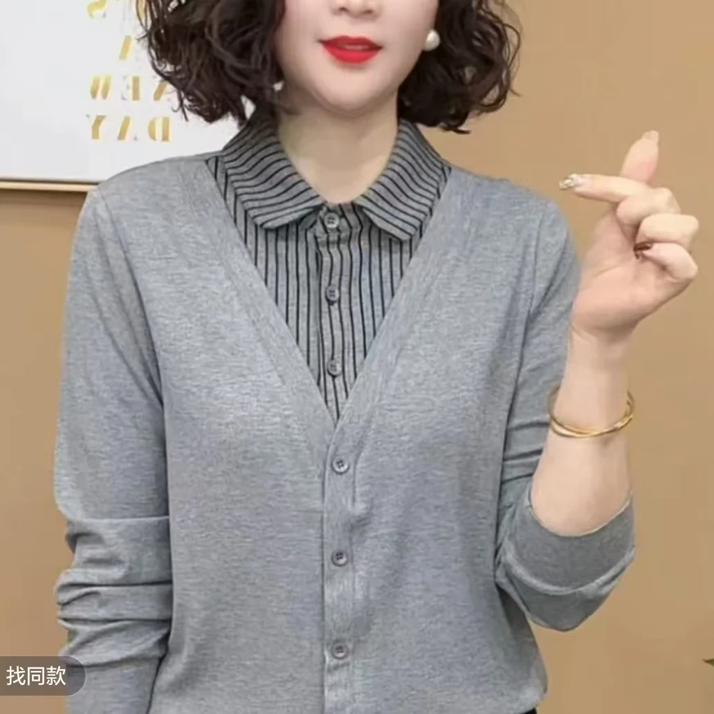 2025春秋条纹拼接套头女宽松衬衫领百搭显瘦假两件长袖小衫
