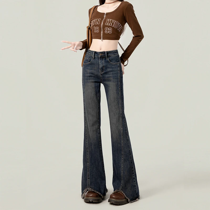 2025春款复古美式高腰微喇牛仔裤大码女显瘦开叉流苏边牛仔裤种草