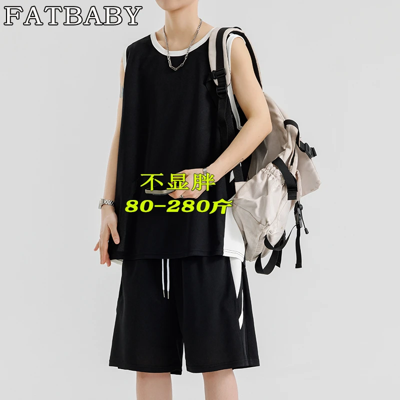 夏季大码背心套装男士无袖篮球服运动两件套宽松凉爽透气潮运动服