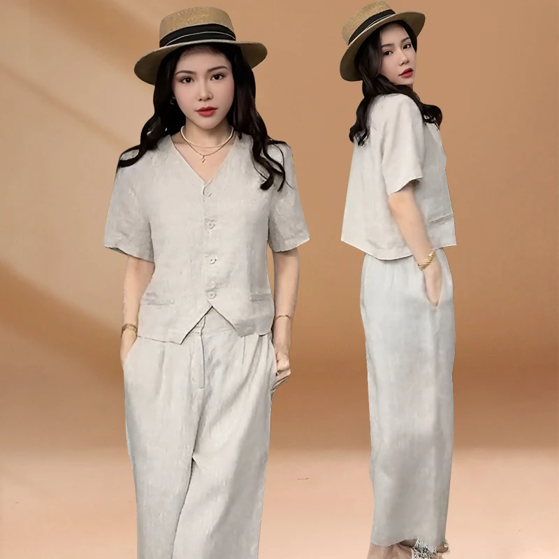 欧洲站时尚休闲气质套装女2025夏季新款v领衬衫西装阔腿裤两件套