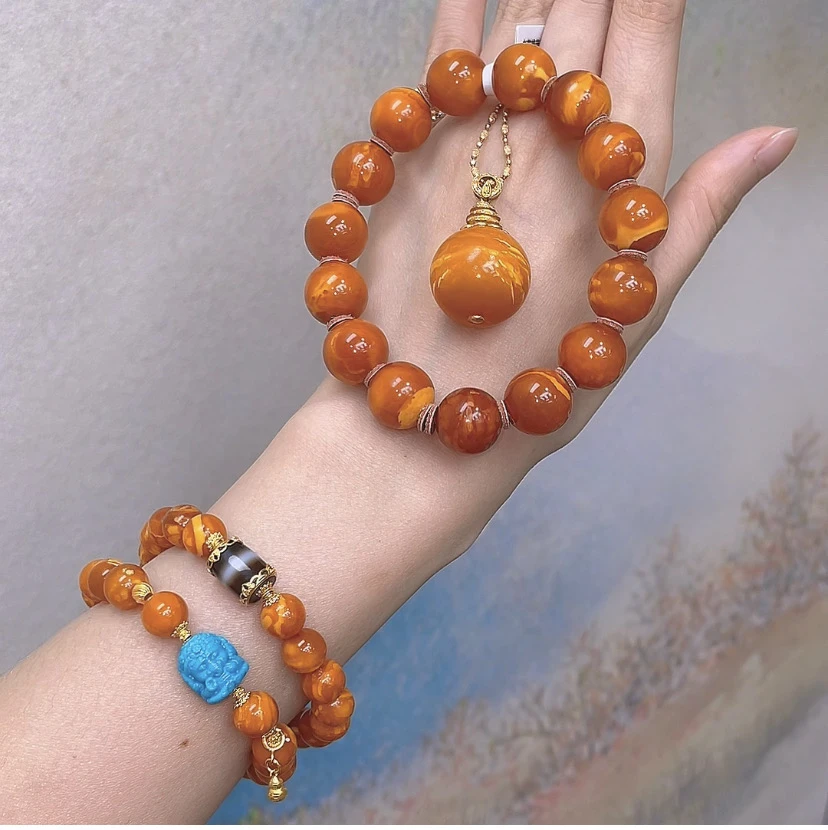 红皮妖花石膏蜡！文玩高阶蜜蜡 终点站老蜜蜡双圈大手串吊坠上新