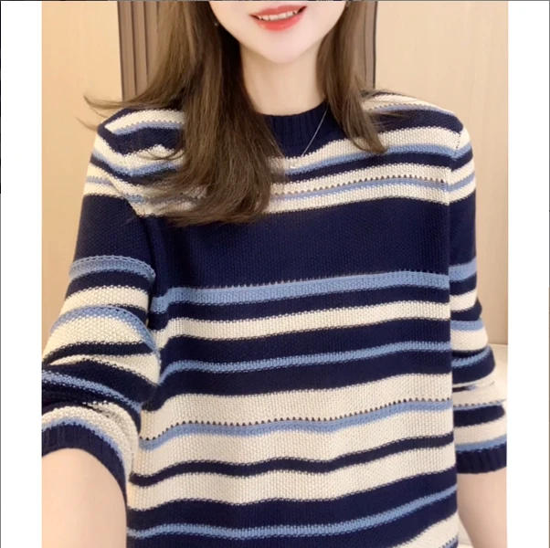 2025-春秋季新款设计感时尚条纹上衣女装圆领打底长袖短袖女圆领