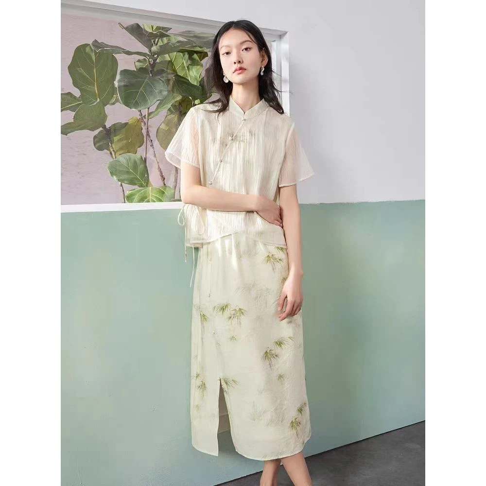 2025夏季新款新中式套装立领假两件小衫半身裙女T125