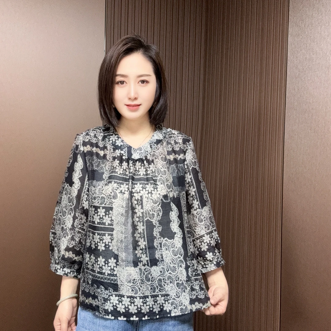 短袖女性复古港风宽松型民族风印花衫X6951