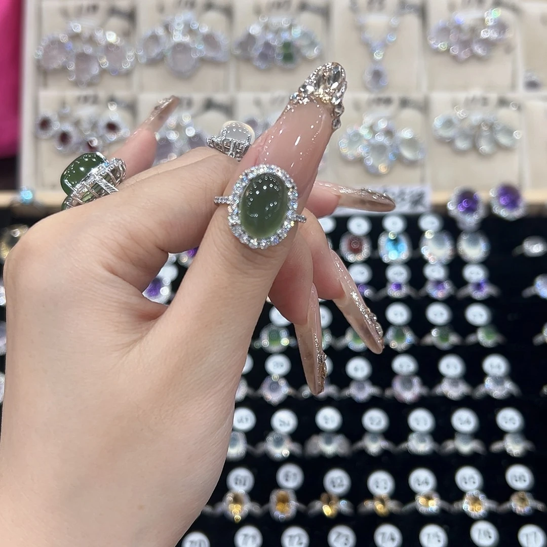 枝***蛇纹石玉银S925镶嵌戒指