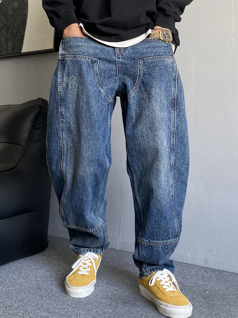 男士牛仔裤秋季美式休闲痞帅高个性牛仔裤男直筒宽松百搭锥形裤子